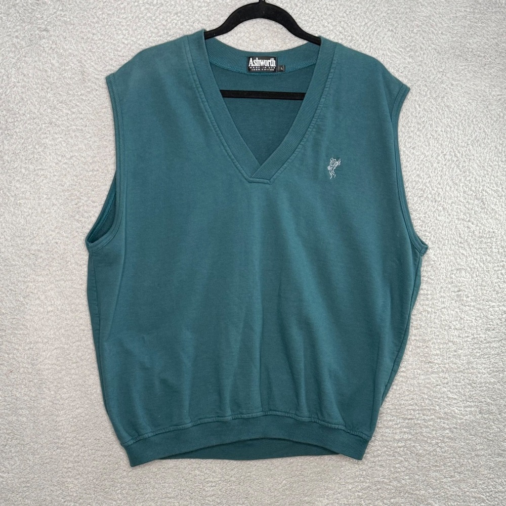 Vintage Ashworth Mens Teal Green Cotton V-Neck Golf Sweatshirt Vest Large USA